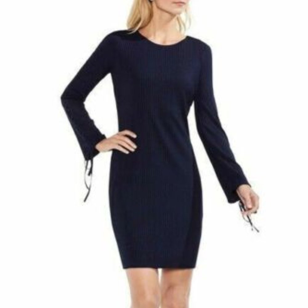 Vince Camuto Bodycon Sheath Dress XS Womans Navy Blue Ribbed Lace-Up Sleeve